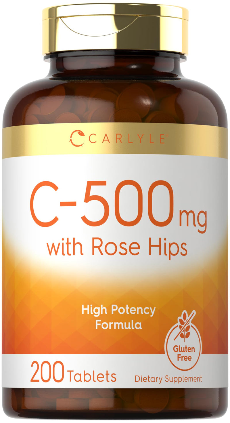 Carlyle Vitamin C 500mg | with Rose Hips | 200 Tablets | High Potency Formula | Vegetarian, Non-GMO, Gluten Free Supplement