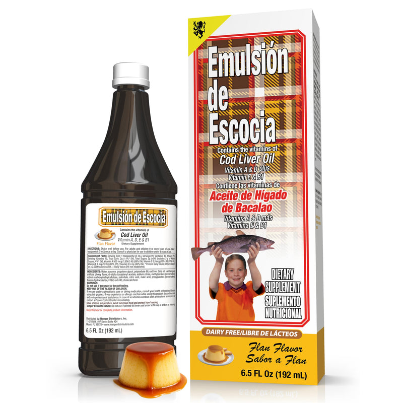 Emulsion de Escocia Flan Flavor Cod Liver Oil 1-Pack (6.5 Fl Oz / 192 ml) – Omega-3 with Vitamins A & D for Immune, Bone, and Eye Health – Great Taste for Kids and Adults Caramel 6.5 Fl Oz (Pack of 1)