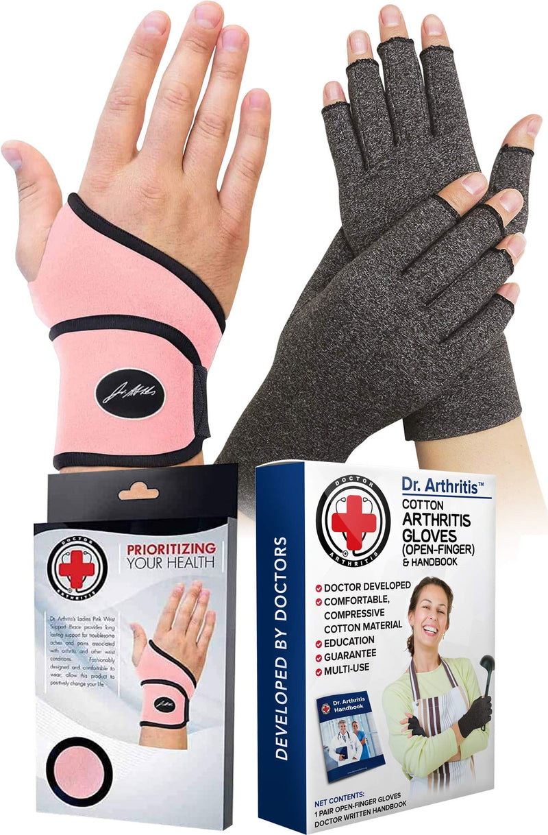 Dr. Arthritis Bundle: Wrist Support (Pink) & Compression Gloves (1 Pair, L)