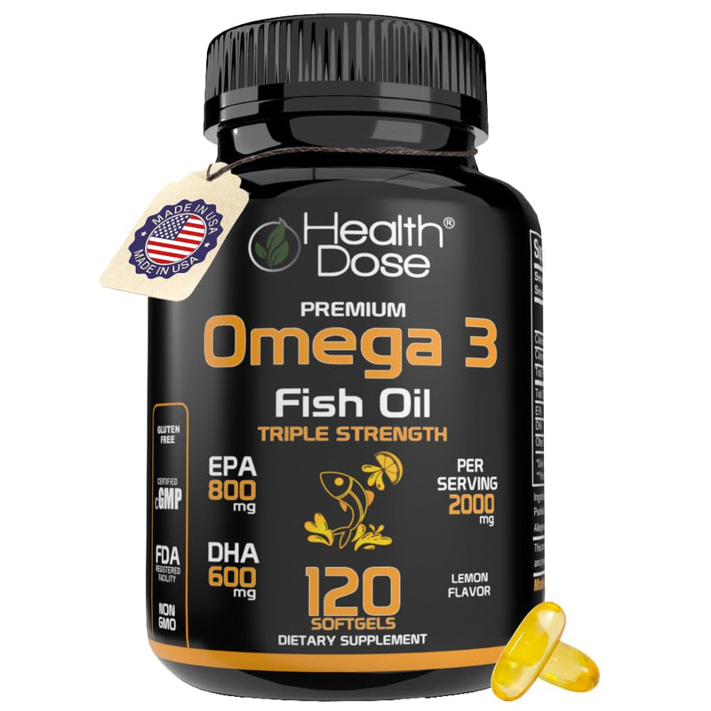 Health Dose Omega 3 Fish Oil 2000mg – Lemon-Flavored Softgels with EPA 800mg & DHA 600mg for Brain, Heart, and Wellness Support – Easy-to-Digest, No Fish Burps – 120 Softgels, 2-Month Supply 1