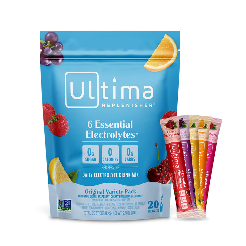Ultima Replenisher Original Variety Electrolyte Packets, 20 Stickpacks | Daily Zero Sugar Powder Hydration Packets with 6 Key Electrolytes & Minerals - Sugar Free, Plant Based & Keto Friendly