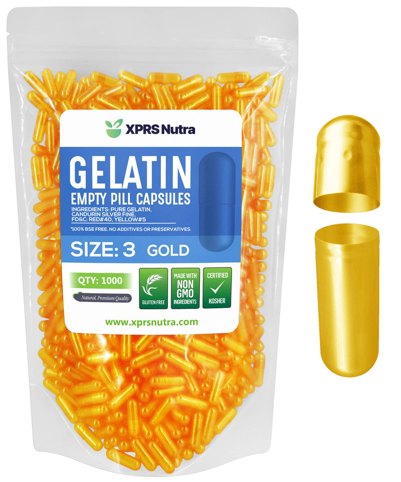 XPRS Nutra Size 3 Empty Capsules - 1000 Count Empty Gelatin Capsules - Pills DIY Capsule Filling - Fillable Pure Bovine Pill Gel Caps for Do-It-Yourself Supplements (Gold) 1000 Count (Pack of 1) Gold