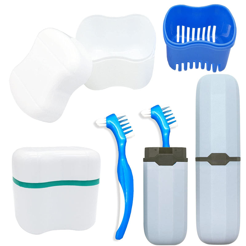 [Australia] - Denture Case Kit - 2 Bath Cups, 2 Brushes & 2 Portable Toothbrush Boxes, Retainer Bath With Lid, Cleaning Boxes, Travel Toothbrush Kit Blue & Light Green 