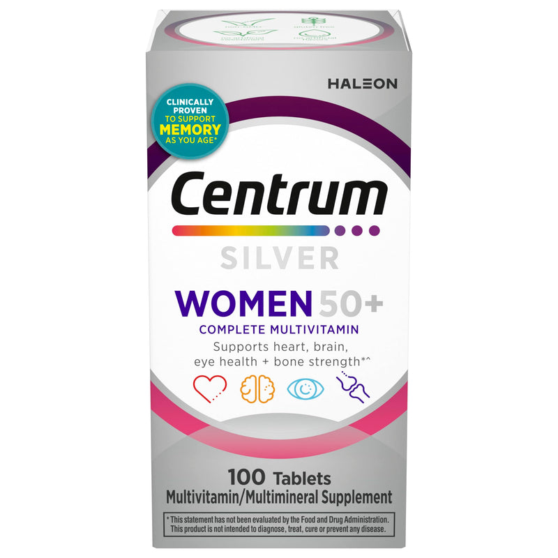 Centrum Silver Women's Multivitamin for Women 50 and Over, 100 Tablets | Contains Vitamin D3, B Vitamins, Calcium, and Antioxidants, Non-GMO Ingredients, Supports Memory and Cognition, GLP-1 Support 100 Count (Pack of 1)
