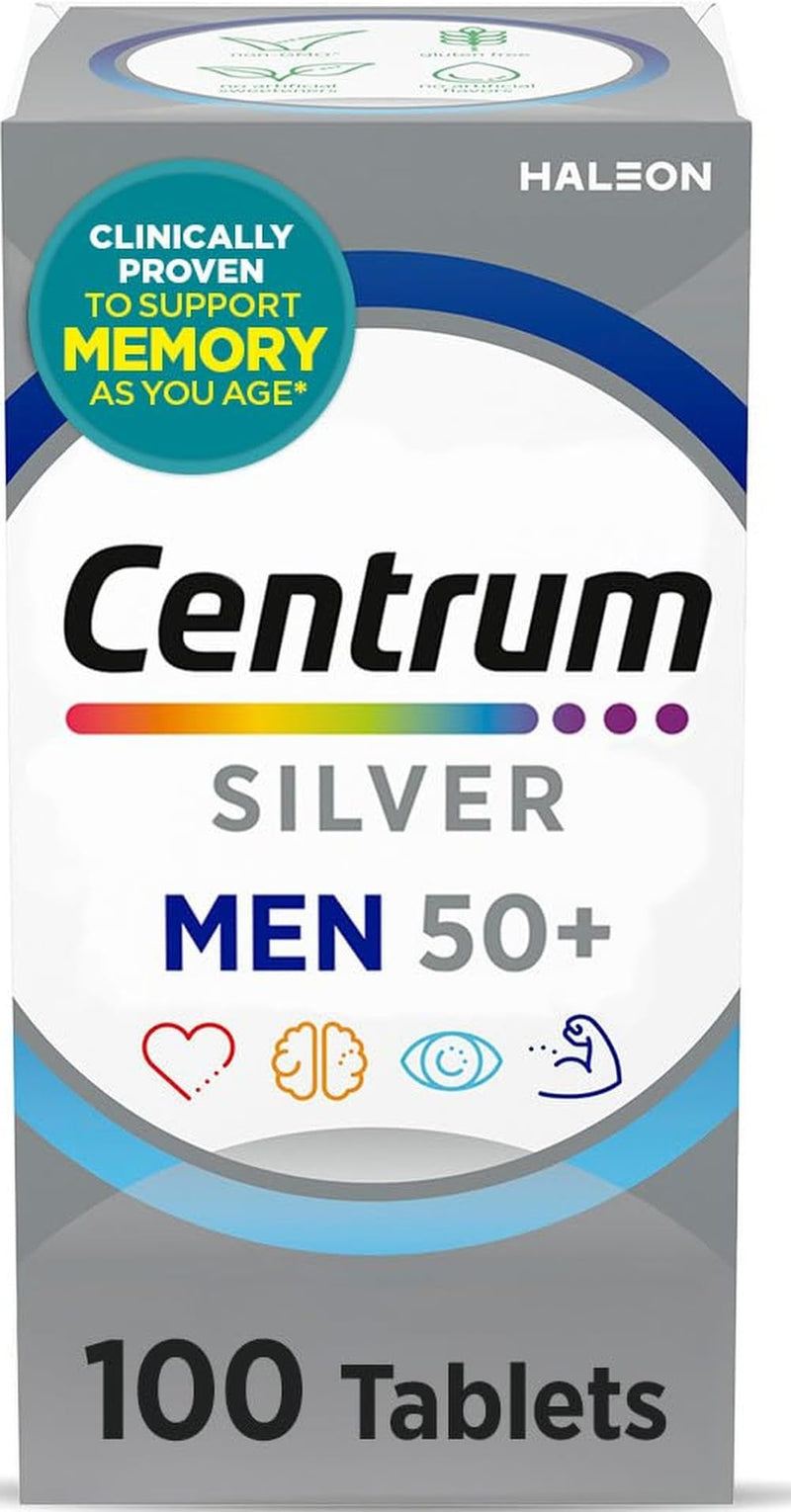 Centrum Silver Men's Multivitamin for Men 50 and Over, 100 Tablets | Contains Vitamins D3, E, B6, and B12, Gluten Free, Non-GMO Ingredients, GLP-1 Support New 100 Count (Pack of 1)