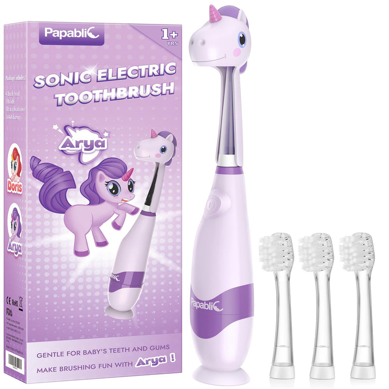 [Australia] - Papablic Toddler Sonic Electric Toothbrush Kids for Ages 1-3 Years, Baby Electric Toothbrush with Cute Unicorn Cover and Smart LED Timer, 4 Brush Heads (Arya) 4 Brush Heads Arya 