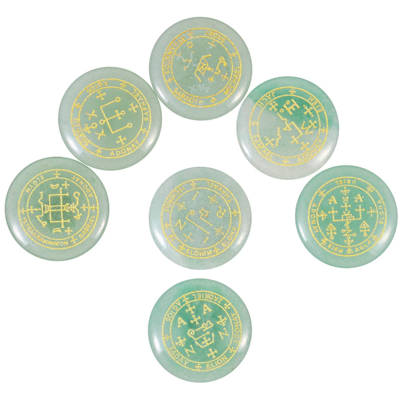 Amogeeli 7pcs Engraved Archangel Symbol Pocket Stone Token, Round Crystal Talisman for Protection 2-green