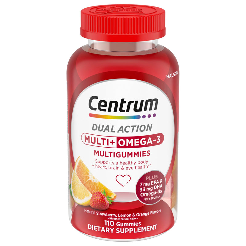 Centrum MultiGummies Multi+ Omega 3, Assorted Fruit Flavors, 110 Count | Supports Heart Health, Normal Brain Function, Eye Health, Daily Energy Needs and Normal Immune Function, GLP-1 Support New 110 Count (Pack of 1)