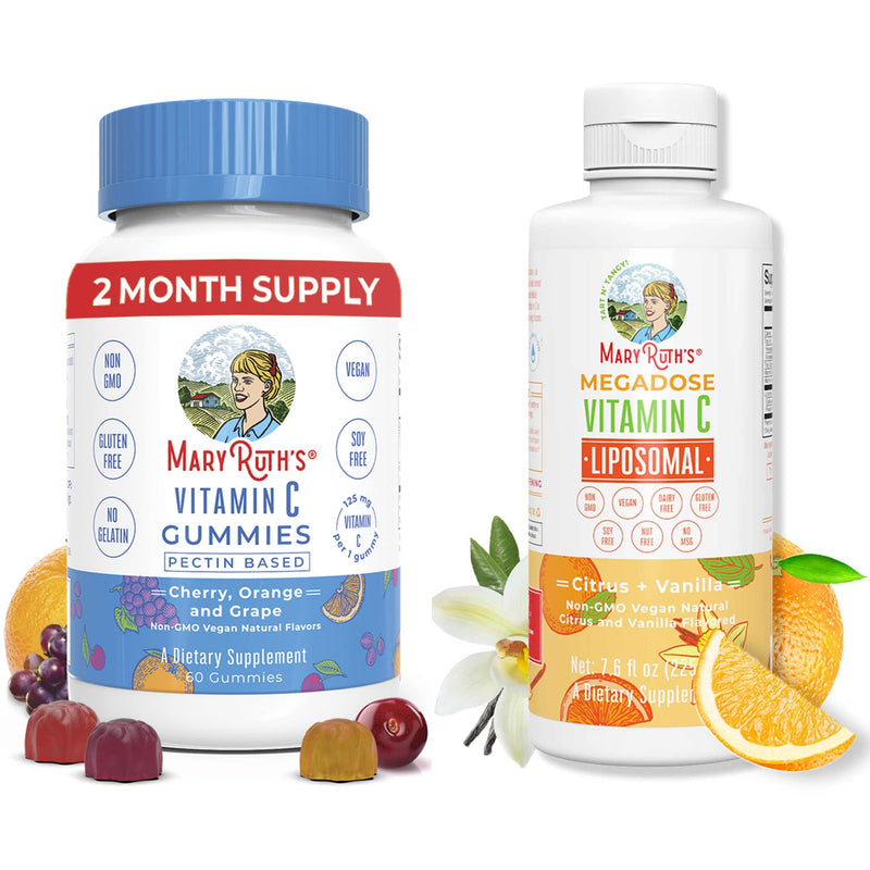 MARYRUTH'S Organics Vitamin C Gummies & Liposomal Immunity Bundle | Vitamin C Chewable Gummies, 60ct | Megadose Vitamin C Liposomal 500mg, 7.6oz | Formulated for Adults & Kids | Vegan Immune Support