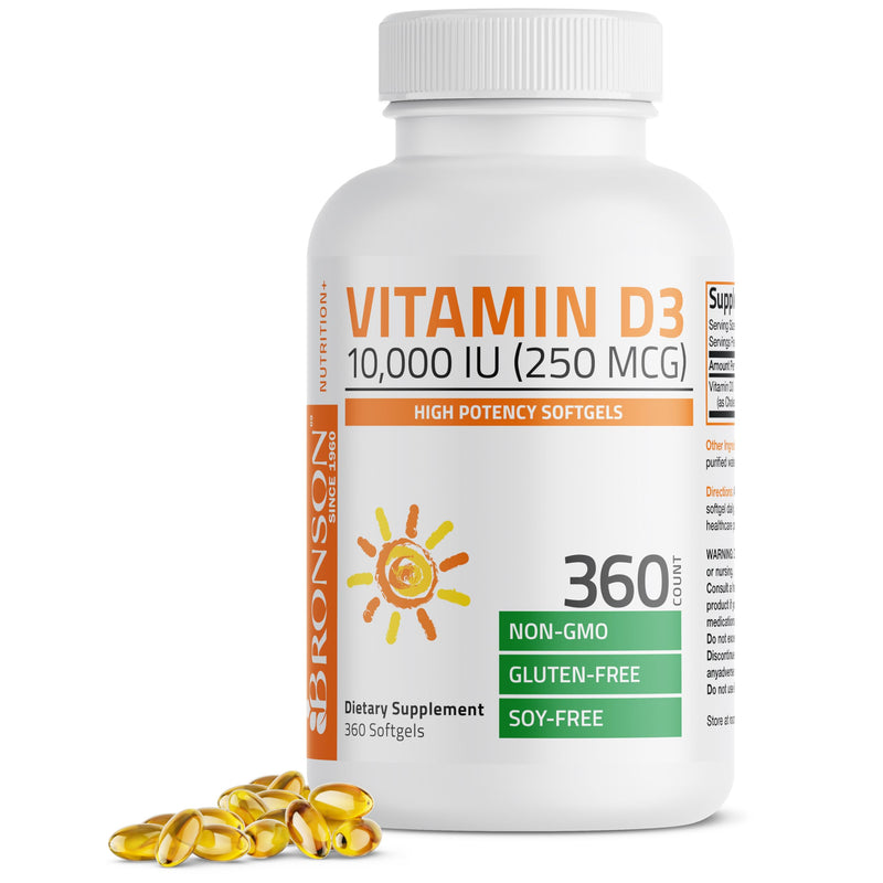 Bronson Vitamin D3 10,000 IU (250 mcg) Immune Support, 360 Softgels | Bone, Muscle, Teeth & Nervous System Support, Once-Daily, Non-GMO, Gluten-Free & Soy-Free 360 Count (Pack of 1)