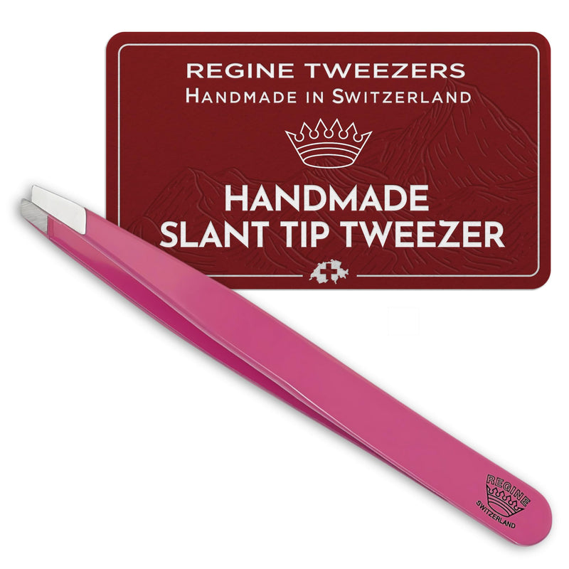 [Australia] - Slant Tweezer - Handmade in Switzerland - Professional Eyebrow & Facial Hair Remover - Etched Interior Grabs Hair from The Root - Perfectly Aligned Tips - Stainless Steel, Pink 