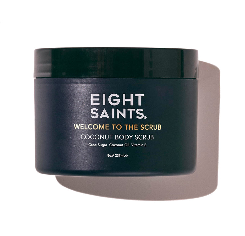 Eight Saints Welcome to the Scrub Coconut Body Scrub, Sugar Scrub for Acne, Cellulite, Deep Cleansing, Scars, Wrinkles, Exfoliate & Moisturize Skin, with Cane Sugar, Coconut Oil, & Vitamin E, 8 Ounces