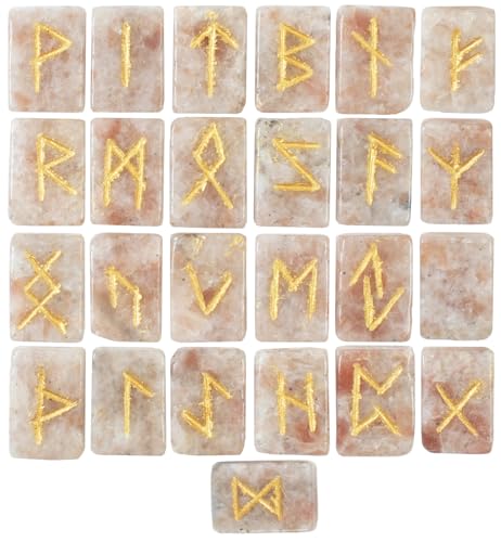 Crocon Sunstone Rune Stones Set 25 pcs Rectangle Shape with Elder Futhark #02 Sunstone Rune