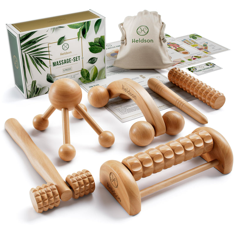 [Australia] - HELDSON® Wooden Therapy Massage Tools [6 Pieces] - Wood Rollers for Body Sculpting - Lymphatic Drainage Massager - Cellulite Tool - Maderoterapia Kit - Back Rolling Stick - Wellness Gifts Women, Men 