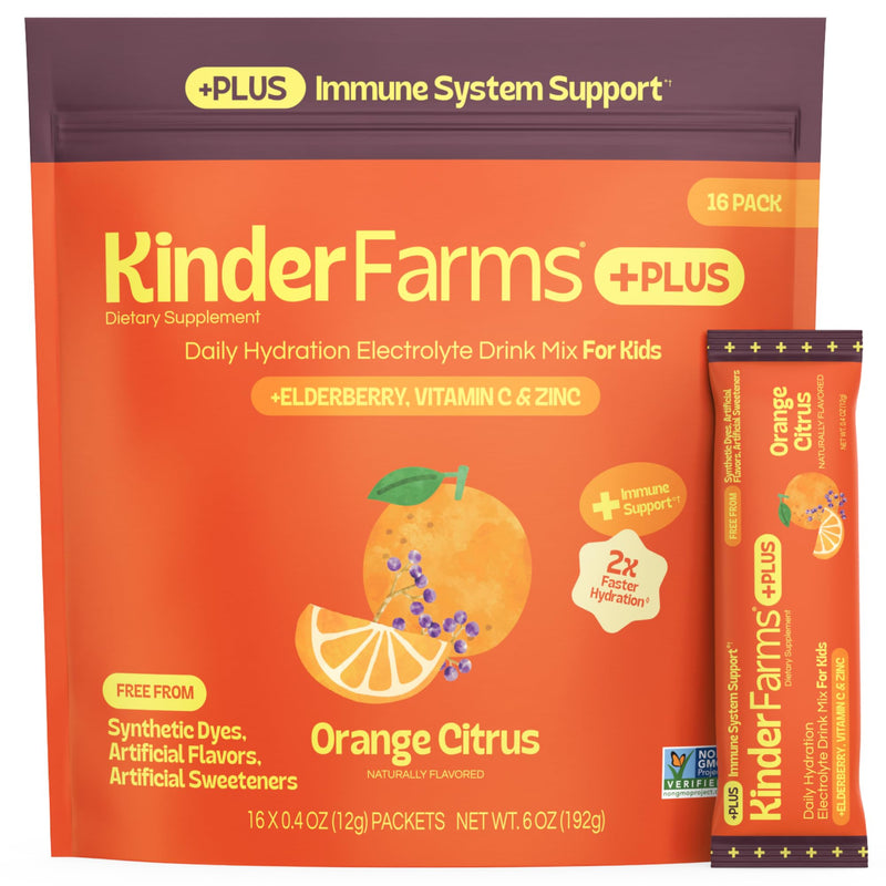 KinderFarms Kids Immunity Supplement Electrolyte Powder – Drink Mix Packets with Vitamin C (Orange Citrus, 16 Count), No Artificial Dyes, Sweeteners or Flavors - Vegan, Non-GMO, Gluten-Free, FSA-HSA Orange 0.4 Ounce (Pack of 16)