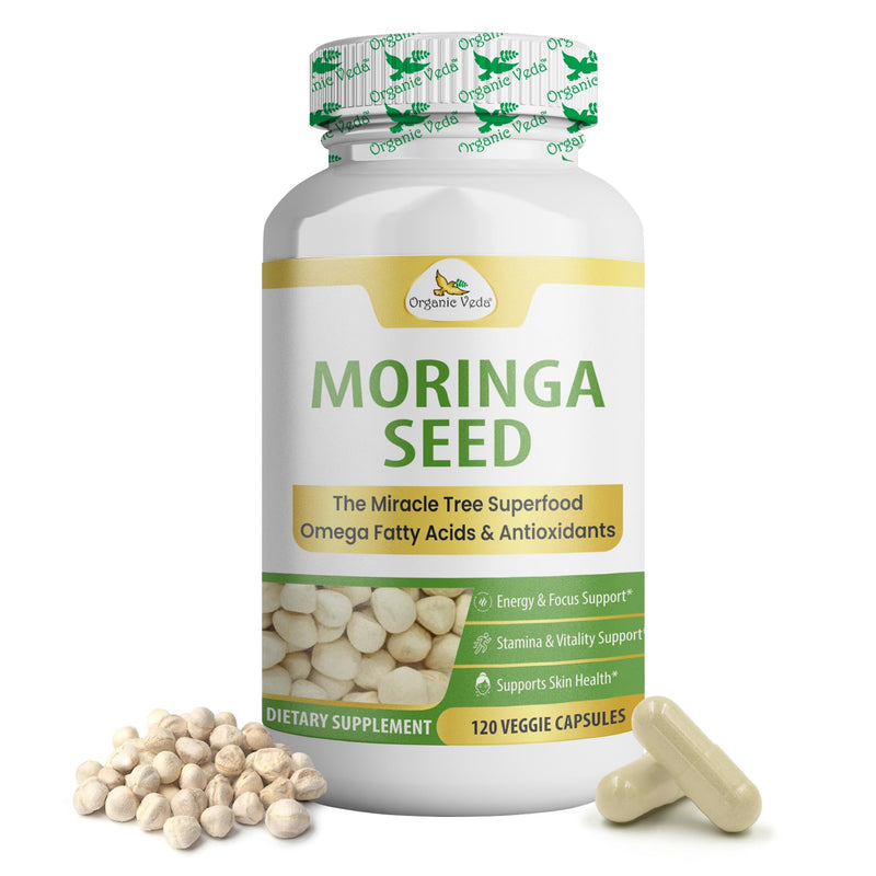 Organic Veda Moringa Seeds Capsules - Omega 3, 6, 9, Powerful Antioxidants, Vitamins, Amino Protein Rich Organic Moringa Seed Powder for Energy, Cleanse & Vitality - 120 Vegan Capsules