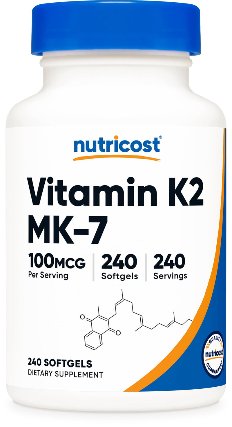 Nutricost Vitamin K2 MK-7 100 mcg, 240 Softgels, Gluten Free, GMO-Free | MK7 240 Count (Pack of 1)