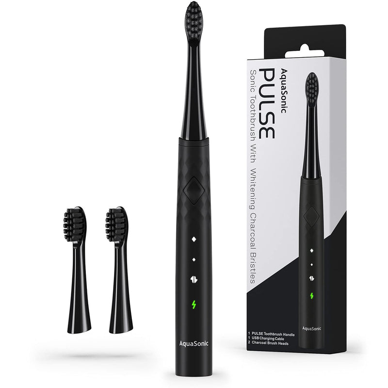 AquaSonic Pulse – Ultra Whitening Electric Toothbrush w Activated Charcoal Whitening Bristles – Sonic Rechargeable toothbrush – 3 Modes & Smart Timers – Lasts 45 days – Home & Travel Toothbrush Midnight Black