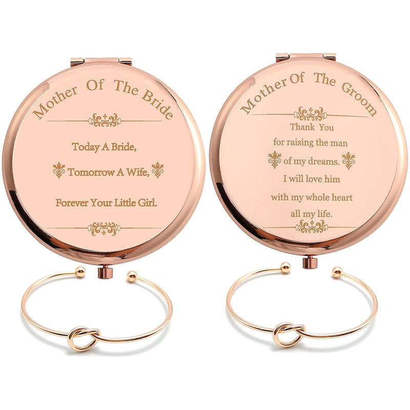 Pack of 2 Mother of the Bride & Groom Mirrors Set - Rose Gold Stainless Steel Compact Pocket Makeup Mirror with 2 Pcs Rose Gold Knot Bracelet and Gift Box Wedding Proposal Gift