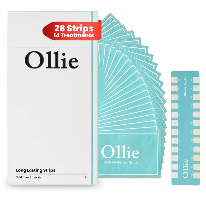 Ollie Transformation Kit Whitening Strips with Hydroxyapatite, 28 Count | Hydrogen Peroxide Formula, Potassium Nitrate for Sensitivity Relief, 14 Treatments, Shade Guide Included, Enamel Safe
