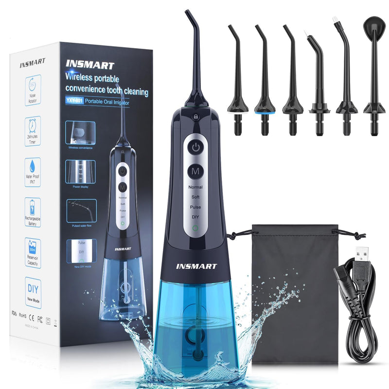 [Australia] - Cordless Water Dental Flosser Teeth Cleaner, INSMART Professional 300ML Tank DIY Mode USB Rechargeable Dental Oral Irrigator for Home and Travel, IPX7 Waterproof 4 Modes Irrigate for Oral Care Blue 