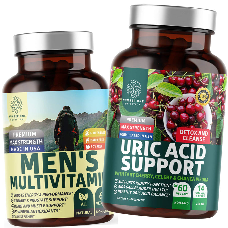 Number One Nutrition N1N Premium Uric Acid Support and Men's Multivitamins, All Natural Supplements to Support Energy Levels, Prostate Health and Urinary Tract Functions, 2 Pack Bundle