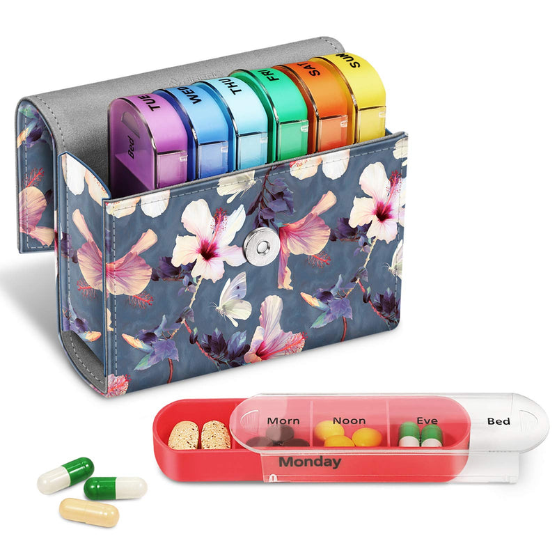 FINPAC Weekly Pill Organizers 4 Times A Day, Slide Open PU Leather Case | Travel Pill Vitamin Medicine Reminder and Planner with Name Card for Morning Afternoon Evening Bedtime, Blooming Hibiscus