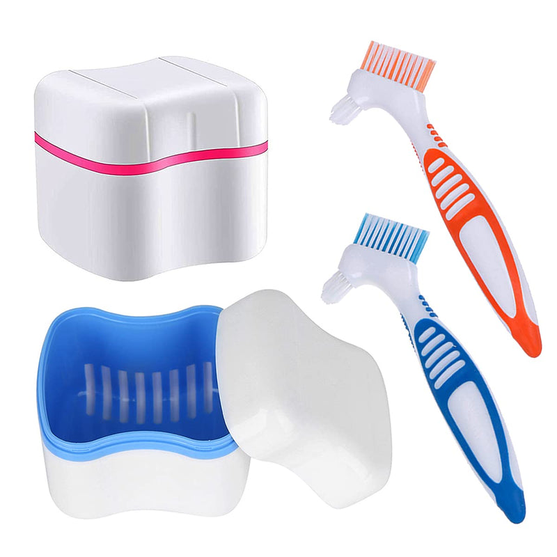 [Australia] - Denture Cleaner Box and Brush Set - 2 Pack Denture Bath Case with Basket + 2 Pack Denture Brush, Portable Denture Retainer Storage Box, False Teeth Brushes for Oral Care (Blue and Red) Blue and Red 