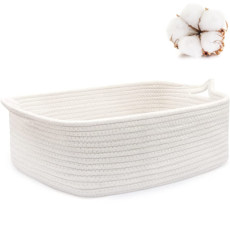 [Australia] - ABenkle Rope Basket, Small Storage Gift Basket, Rectangle Under Shelf Basket, Decorative Boho White Rope Woven Basket with Handle for Baby Dog Toy Egg Fruit Snack Towel Easter 