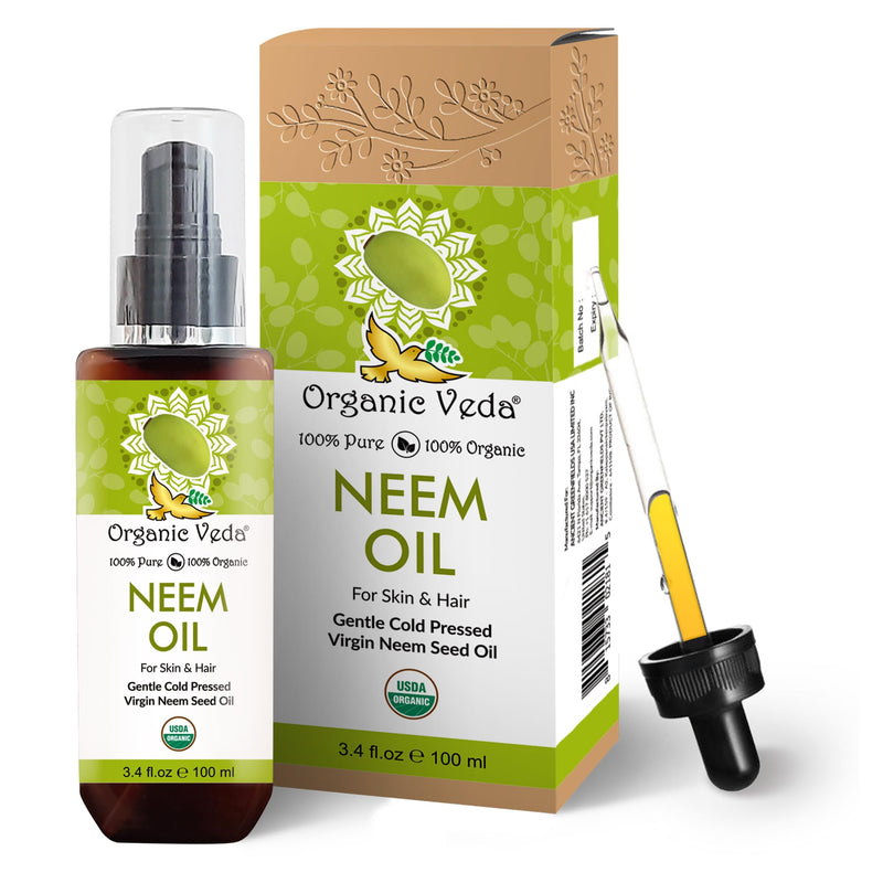 [Australia] - Organic Veda Neem Oil - Pure, Cold Pressed & Organic Neem Oil for Skin, Hair, Face, Body, Scalp - Natural Moisturizer, Virgin Neem seed oil - Rich in Vitamin E, Fatty Acids, Antioxidants - 3.4 fl oz 