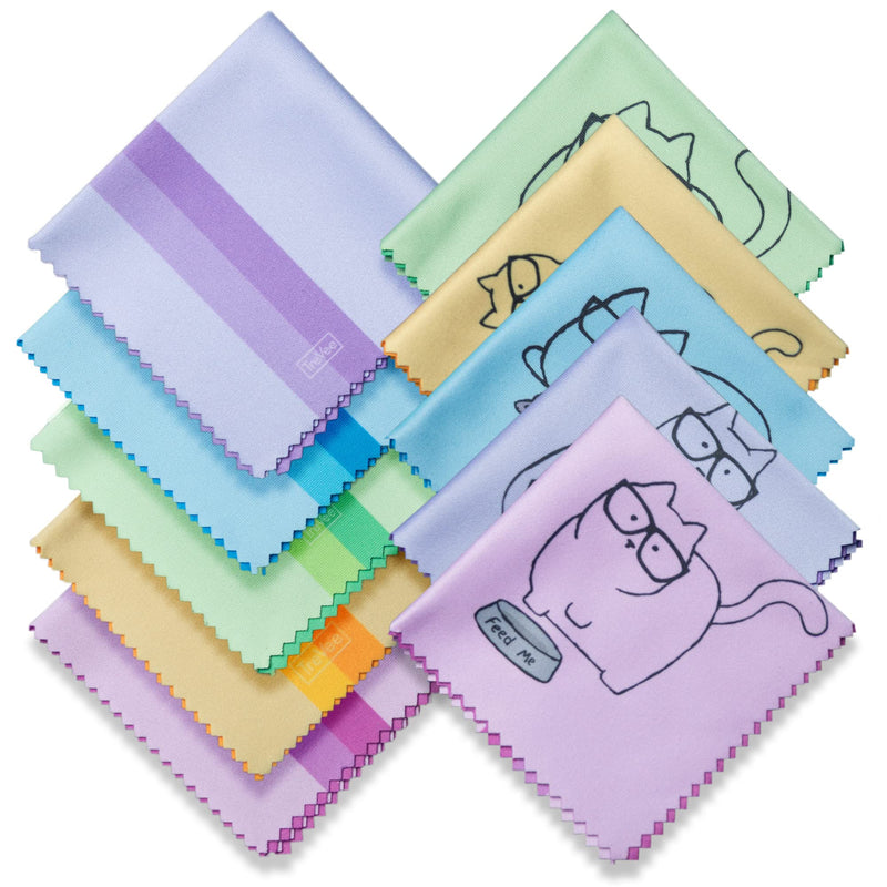 [Australia] - 10 Pack Cute Kitty Cat Design Multicolor Microfiber Cleaning Cloths for Cleaning Eyeglasses Lenses Sunglasses and Cell Phone Beautifully Designer Colors Blue Pink Yellow Purple Green Cloth Wipes 