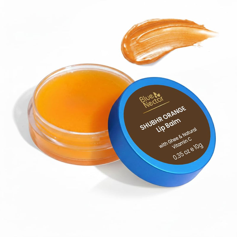 Blue Nectar Ayurvedic Orange Lip Balm with Organic Ghee & Natural Vitamin C for Dry Lips | Moisturizing Lip Gloss with Clean Ingredients (0.35 oz, 10 Herbs)