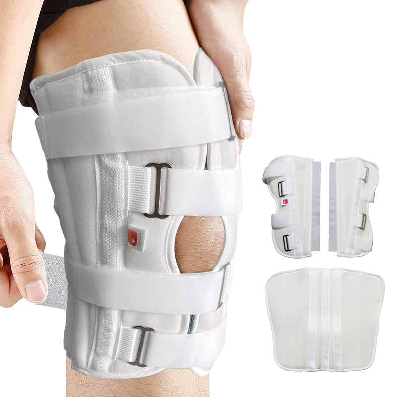 [Australia] - Azmec Straight Leg Brace Tri-Panel Orthopedic Knee Immobilizer 12" Long Adjustable Side Panels Knee Splint – Lightweight Universal Leg Brace for Adolescent, Women and Men - White 