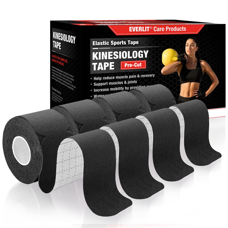 [Australia] - EVERLIT [4-Pack] Pre-Cut Elastic Cotton Kinesiology Therapeutic Athletic Sports Tape, for Pain Relief and Support, 80 Precut 10” Strips (Black) Black 
