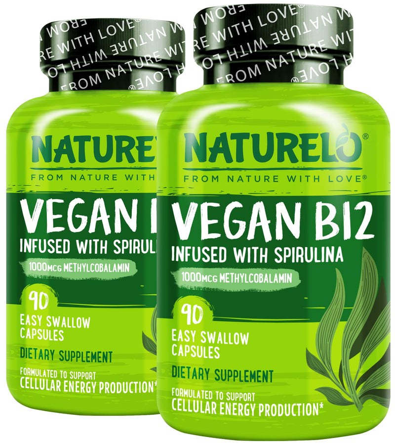 NATURELO Vegan B12 - Methylcobalamin, 90 Capsules, 2 Pack | Organic Spirulina, Methyl B12 1000 mcg, Supports Healthy Mood, Energy, Heart & Eye Health, Vitamin B12 1000 mcg Unflavored 90 Count (Pack of 2)