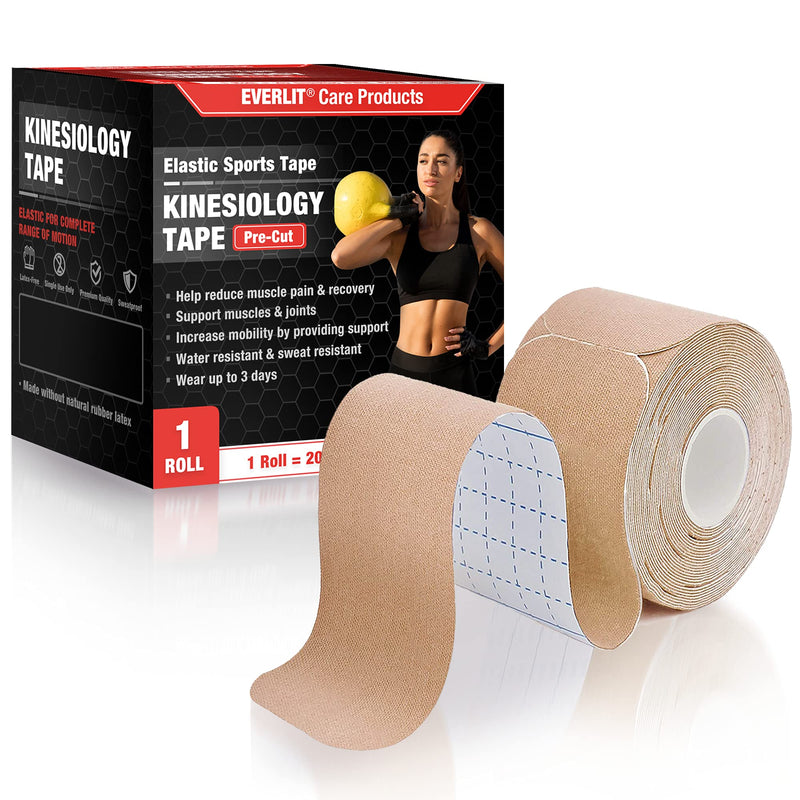 [Australia] - EVERLIT [Single] Pre-Cut Elastic Cotton Kinesiology Therapeutic Athletic Sports Tape, for Pain Relief and Support, 20 Precut 10” Strips (Beige) Beige 