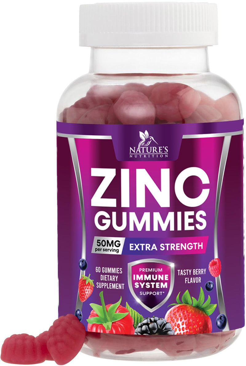 Zinc Gummies - 50mg Zinc Per Serving Immune Skin & Bone Support Health Gummy - Premium Antioxidant Chewable, High Absorption Vegan, Best Supplements Vitamin for Adults, Tasty Berry Flavor, 60 Gummies 60 Count (Pack of 1)