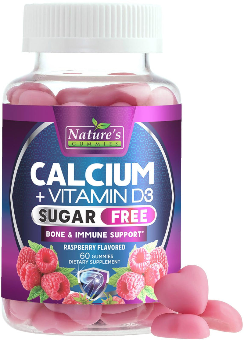 Calcium Supplement Gummies - Sugar Free Calcium Gummy with Vitamin D3 for Best Absorption - Supports Immune Health, Bones & Teeth - Nature's Calcium Chews for Women & Men - Berry Flavor - 60 Gummies 60 Count (Pack of 1)
