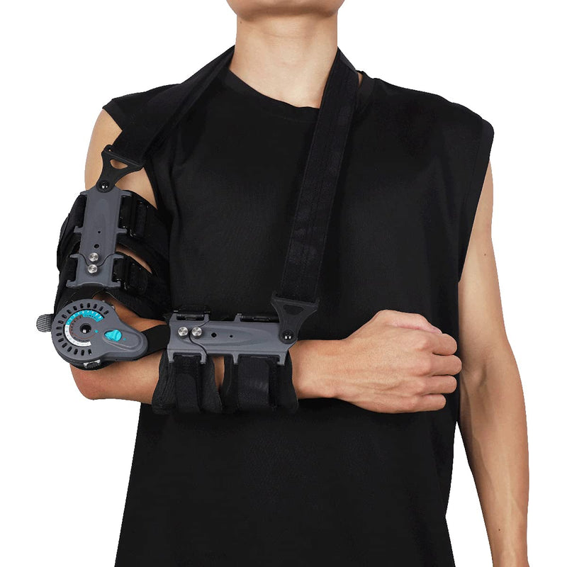 [Australia] - Komzer Hinged Elbow Brace, Adjustable Post OP ROM Elbow Brace with Sling Stabilizer Splint Arm Injury Recovery Support After Surgery (Right) Right 