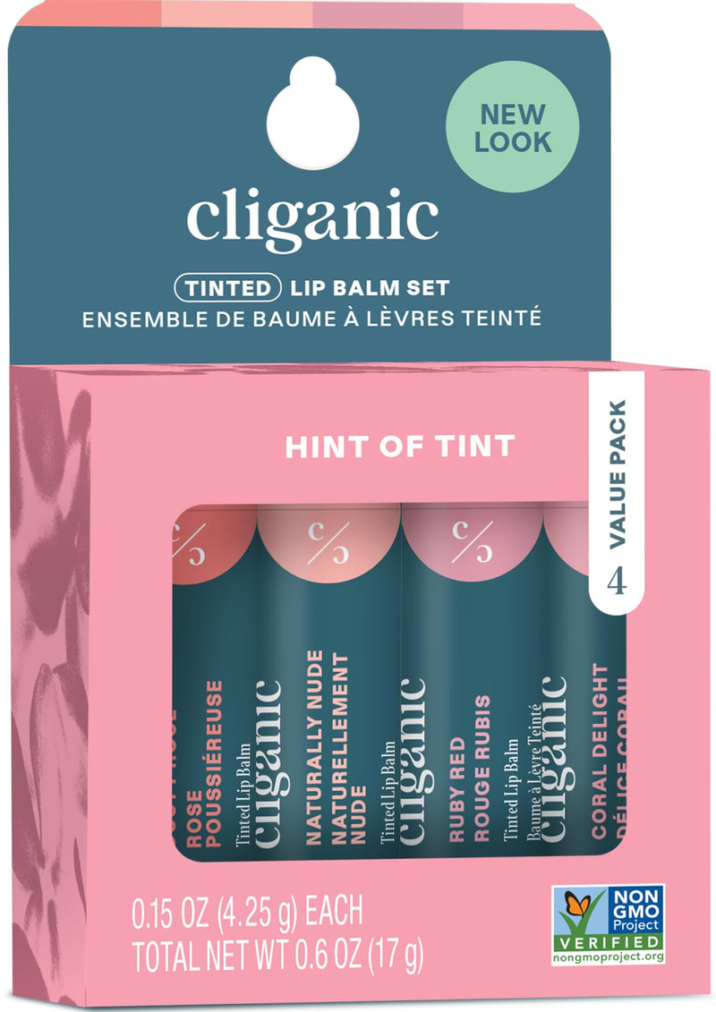 Cliganic Tinted Lip Balm Set - 4 Colors, Hydrating, Enriched with Vitamin E, Cruelty Free, Stocking Stuffer Gift 0.6 Ounce (Pack of 1)