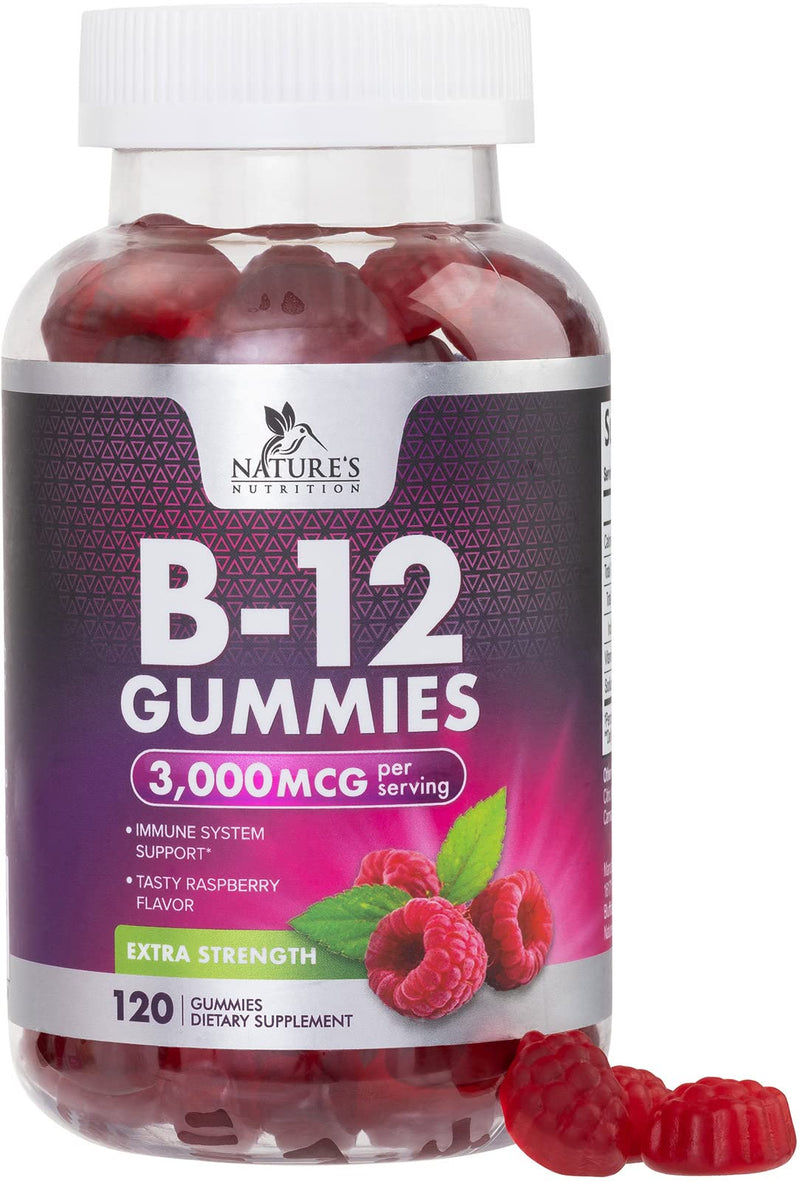 Vitamin B12 Energy Gummies - 3000 mcg per Serving Extra Strength B 12 Gummy for Metabolism, Immune Support - Chewable Dietary B-12 Supplements, Natural Caffeine Free Gummy, Berry Flavor - 120 Gummies 120 Count (Pack of 1)