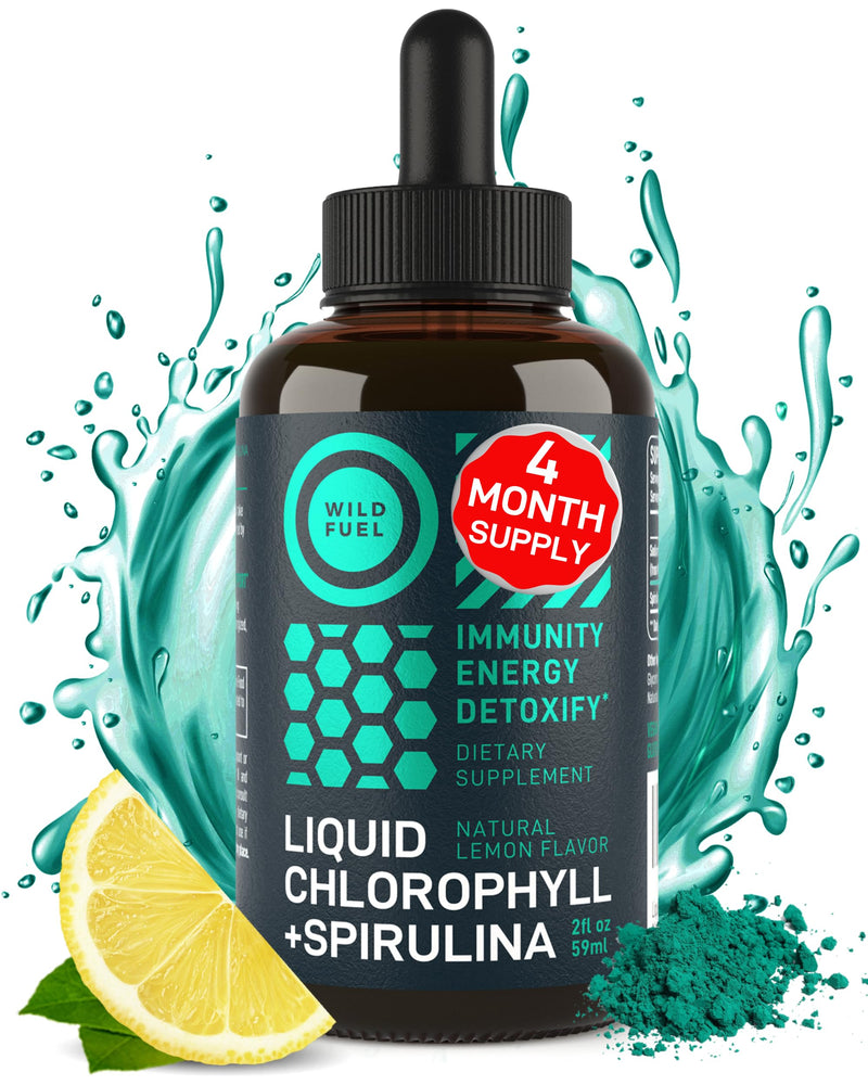 [Australia] - Liquid Chlorophyll Drops with Spirulina for Water - Full Strength Energy, Wellness, Immune Support Supplement - 50mg Chlorophyll Liquid, 12.5mg Spirulina - Lemon Flavor Detox Drink - 2oz, 118 Servings 