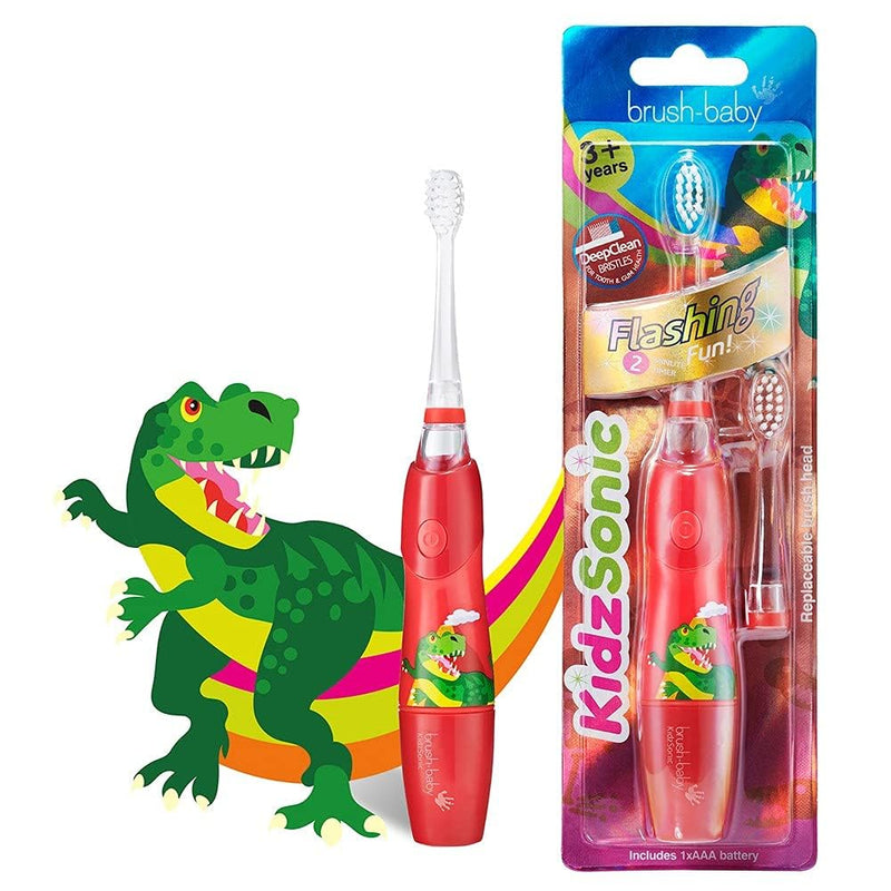 [Australia] - brush-baby KidzSonic Toddler and Kid Electric Toothbrush for Ages 3+ Years - Disco Lights, Gentle Vibration, and Smart Timer Provide a Fun Brushing Experience - 2 Brush Heads Included - Dinosaur 