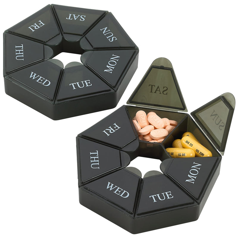 Weekly Pill Organizer - (Pack of 2) 7-Day Pill Container - Arthritis Friendly Portable & Compact Travel Case Daily Compartment Medicine Pills Box for Supplements, Medication, Vitamins and Fish Oils Black 2 Count (Pack of 1)