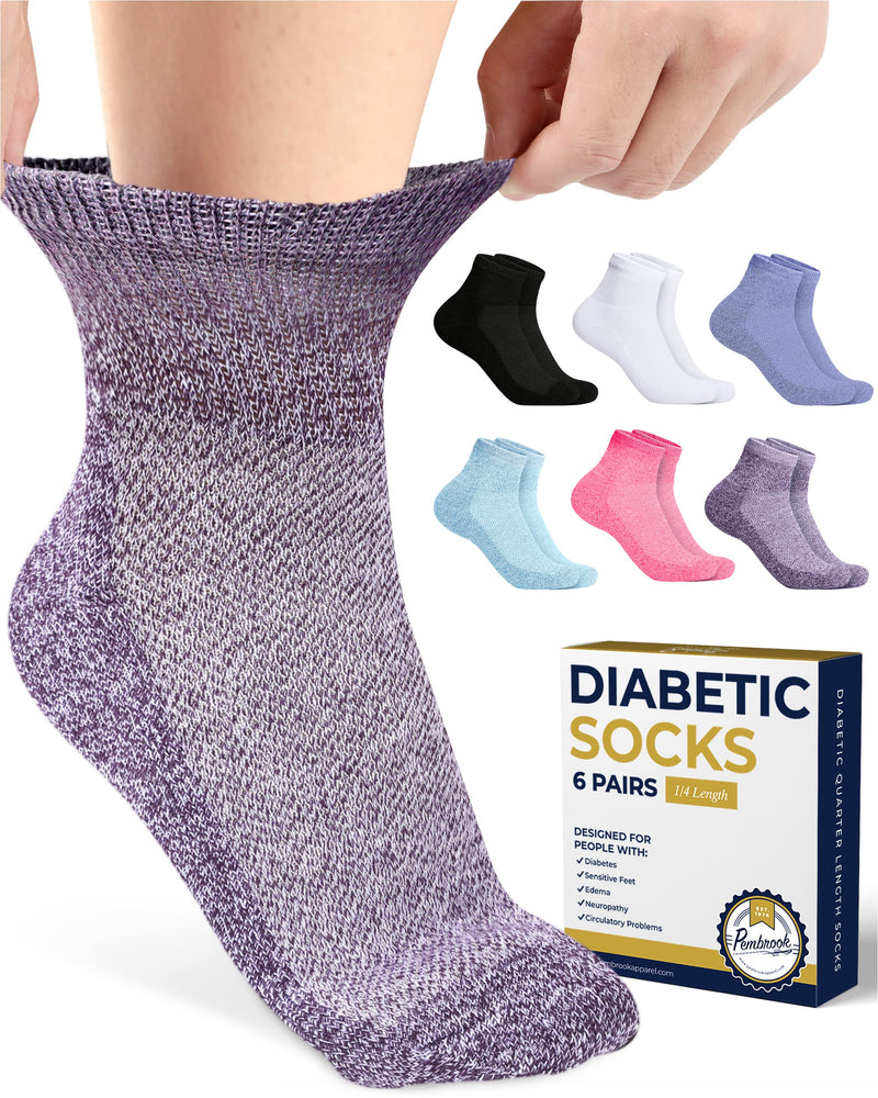 [Australia] - Pembrook Ankle Diabetic Socks for Women & Men | 6 Pairs | Wide Non Binding Socks Quarter Length | Edema Neuropathy Socks Large Bright Colors 1 - 6 Pairs 