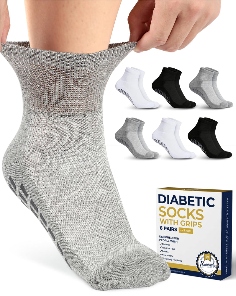 [Australia] - Pembrook 6 Pairs Diabetic Ankle Socks for Men & Women with Grips - 12 Colors Neuropathy Socks for Men | Non Slip Edema Socks Large 2 Black, 2 Grey, 2 White 