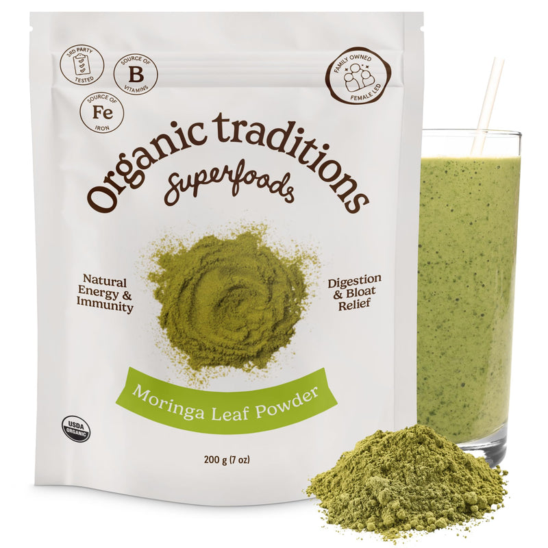 Organic Traditions Moringa Leaf Powder, Green Superfood for Smoothies, 7oz | Rich in Natural Vitamins and Minerals, Traditionally Used for Daily Well Being, Vegan Non GMO Green Powder for Smoothies