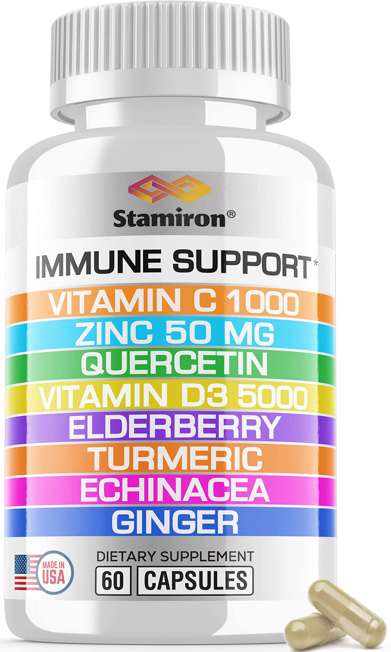 [Australia] - 8 in 1 Immune Support with Quercetin Zinc 50mg Vitamin C 1000mg Vitamin D3 5000 IU and Elderberry Echinacea Ginger for Adults Kids - Vit D Immunity Defense Booster Supplement Veg Capsules Made in USA 