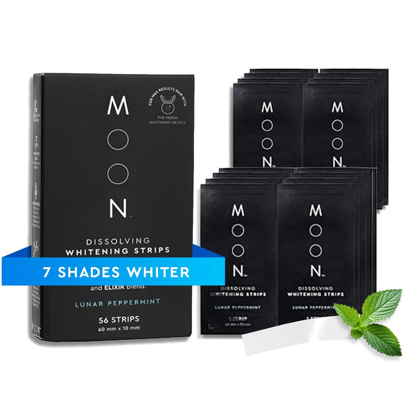 MOON Dissolving Teeth Whitening Strips, 56 No Rinse White Strips, Peppermint, Hydrogen Peroxide & Essential Oils, Whiten Sensitive Teeth up to 7 Shades in 2 Weeks, Travel Essentials, Vegan Oral Care Lunar Peppermint (28 Treatments)