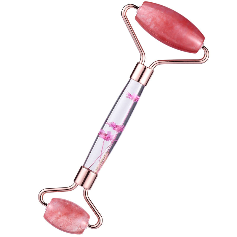 Amogeeli Cherry Quartz Stone Roller for Face, Beauty Massage Facial Roller for Wrinkles, Puffiness Red
